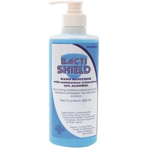 Bactishield Handrub with Pump - Blue, 70% alcohol and 0.5% Chlorhexidine (500ml)